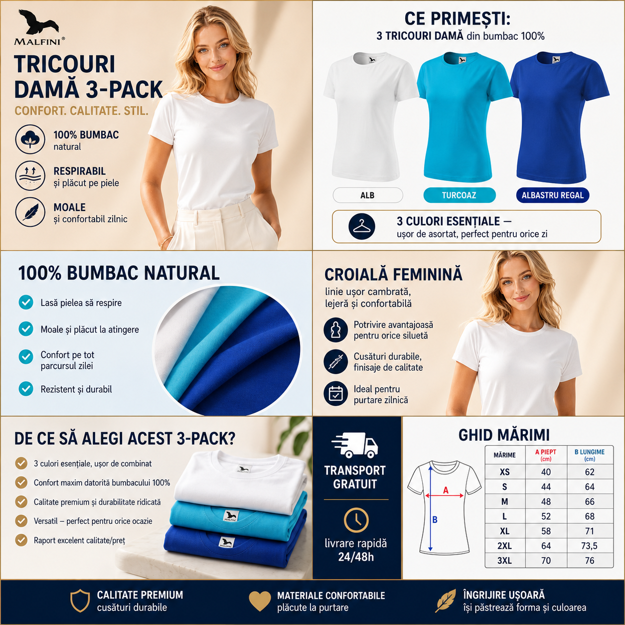 Set 3 tricouri damă 100% bumbac casual clasic alb turcoaz albastru marin transport gratuit